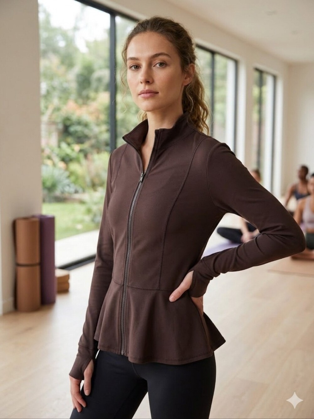 NWT Yogalicious Women's Brown Lux Violetta Full Zip Peplum Jacket Size Large